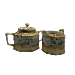 Vintage Noritake Nippon Hand Painted Creamer & Sugar Set Lake Scene Gold Gilt